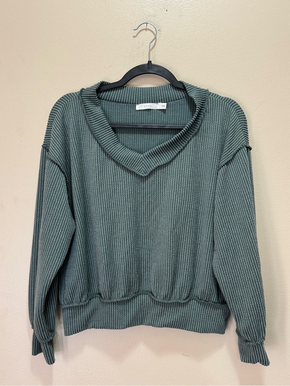 Lush Waffle-Knit V-Neck Sweater in Dusty Teal